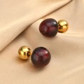 Χρυσά Ατσάλινα Σκουλαρίκια Διπλής Όψης (Double Sphere) με Μπορντό/Βυσσινί Ακρυλική Μπίλια