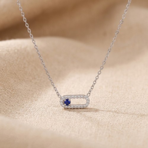 Ασημένιο Κολιέ Oval Pave με Μπλε Ζιργκόν – Sapphire Blue Geometric Necklace