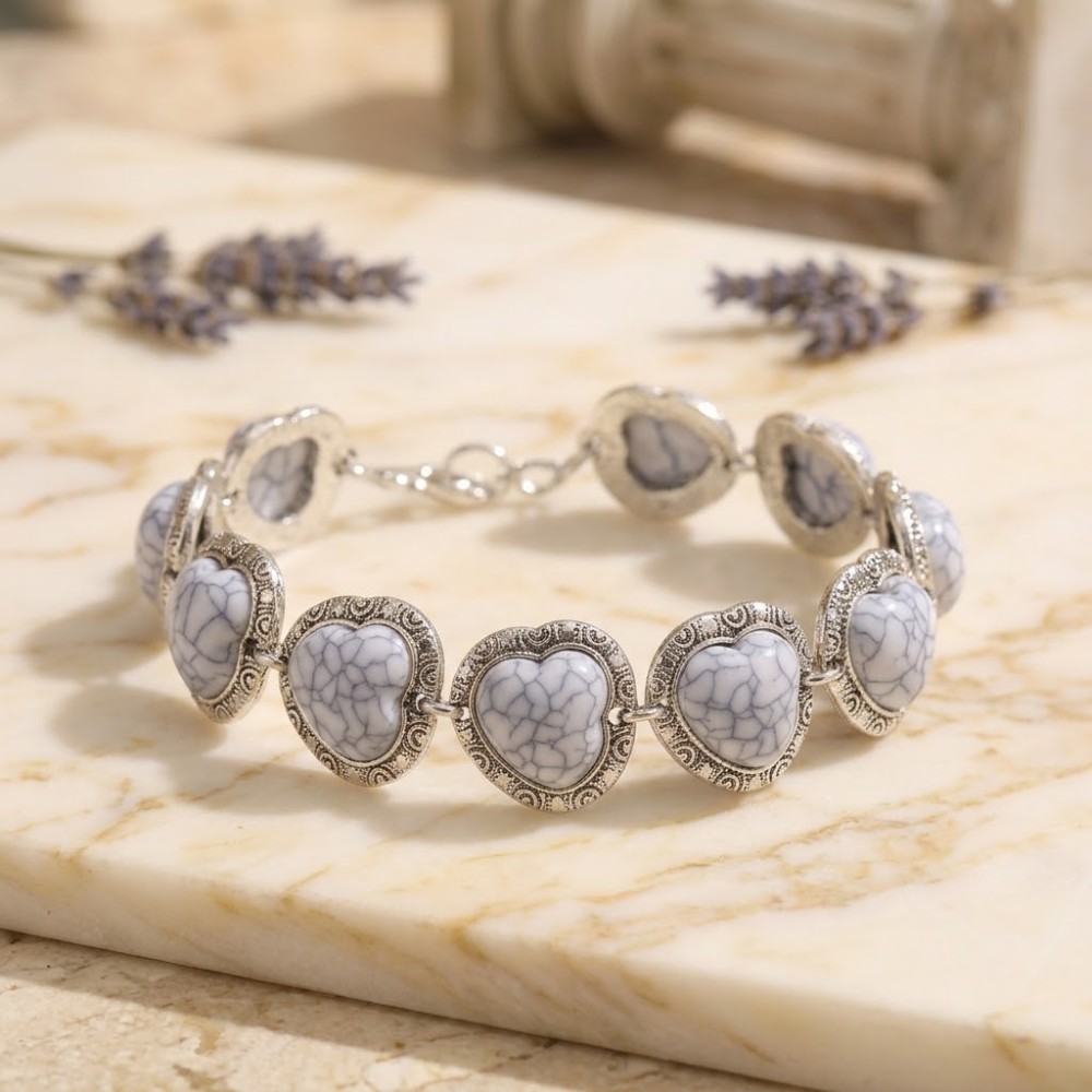 Βραχιόλι Vintage Style με Καρδιές από Λευκό Χουλίτη (Howlite)