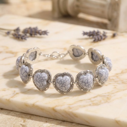 Βραχιόλι Vintage Style με Καρδιές από Λευκό Χουλίτη (Howlite)