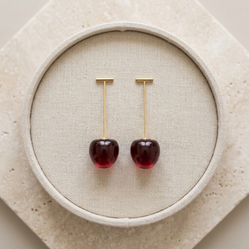 Χρυσά Ανοξείδωτα Ατσάλινα Σκουλαρίκια «3D Cherry» με Μινιμαλιστικό Design