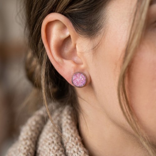 Ασημένια Ανοξείδωτα Σκουλαρίκια «Pink Druzy» (Sparkling Pink Resin Studs)