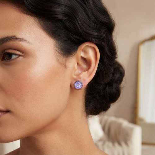 Ασημένια Ανοξείδωτα Σκουλαρίκια «Purple Druzy» (Sparkling Violet Resin Studs)