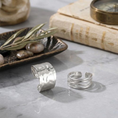 Σετ 2 Ασημένια Adjustable Δαχτυλίδια (Σφυρήλατο & Πολύσειρο) από Ανοξείδωτο Ατσάλι