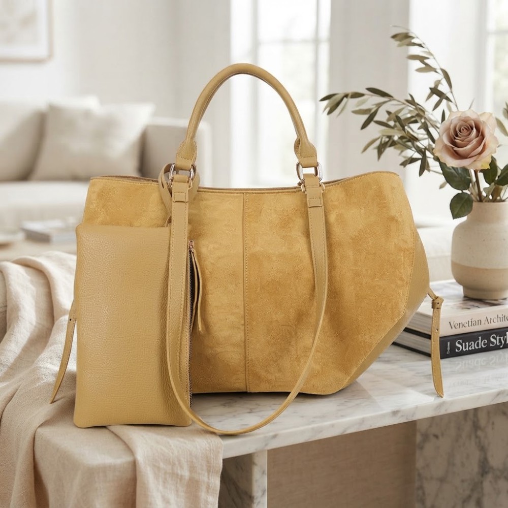 Seville" Κίτρινη/Μπεζ Τσάντα Tote με Matching Pochette